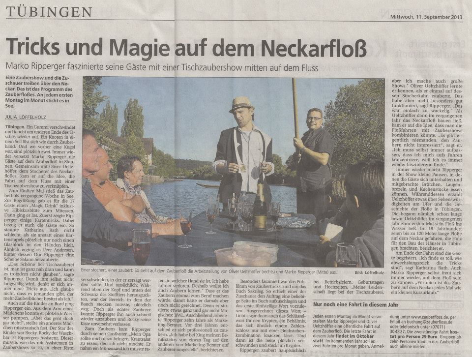 Zauberfloss 6 - Zeitungsbericht Neckar Events Tübingen Neckarfloß-Zauberer-Marko-Ripperger